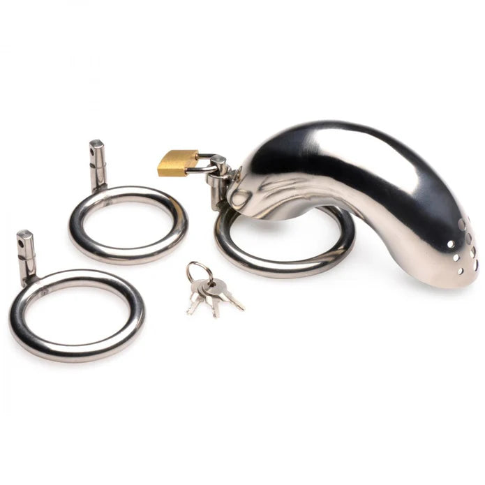 Locking Stainless Steel Chastity Cage W- 3 Rings
