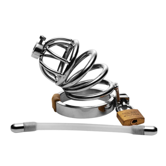 STAINLESS STEEL CHASTITY CAGE WITH SILICONE URETHRAL PLUG