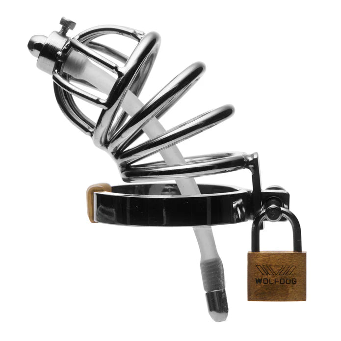 STAINLESS STEEL CHASTITY CAGE WITH SILICONE URETHRAL PLUG